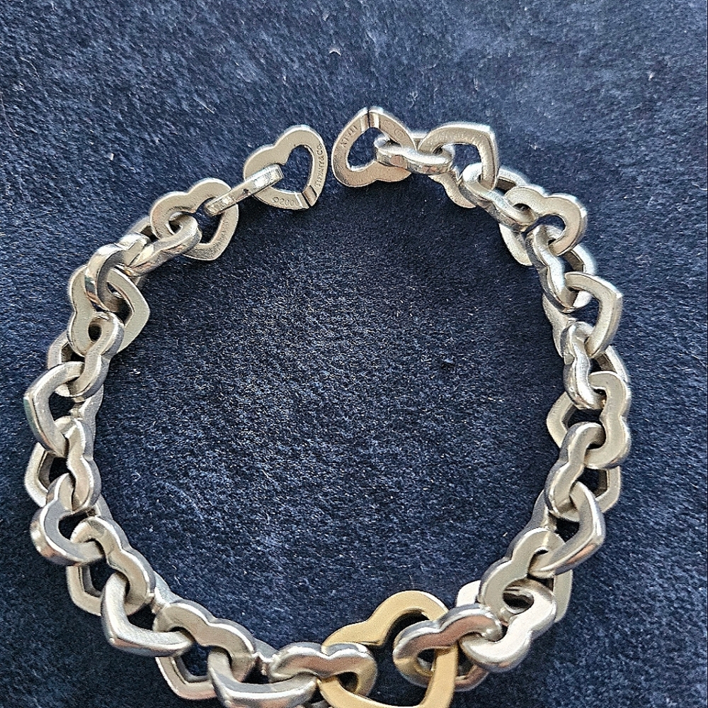 Tiffany & Co. Sterling Silver 18kt Gold Heart Link Bracelet Large 8 1/4